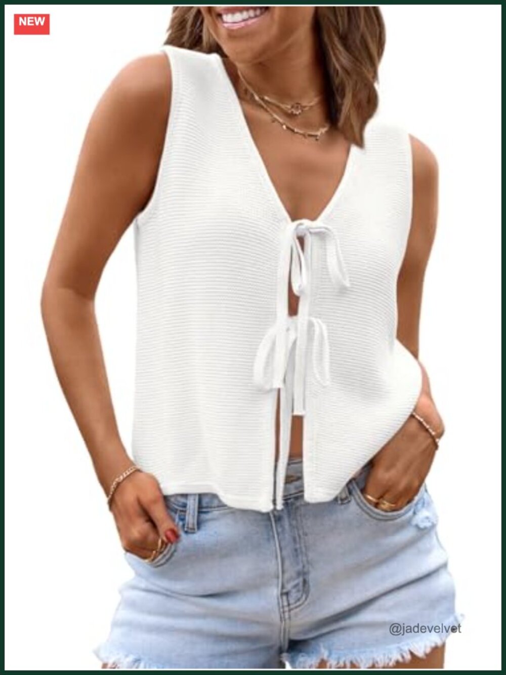 Womens Tie Front Sweater Vest Sleeveless V-Neck Crochet Knit Tank Top